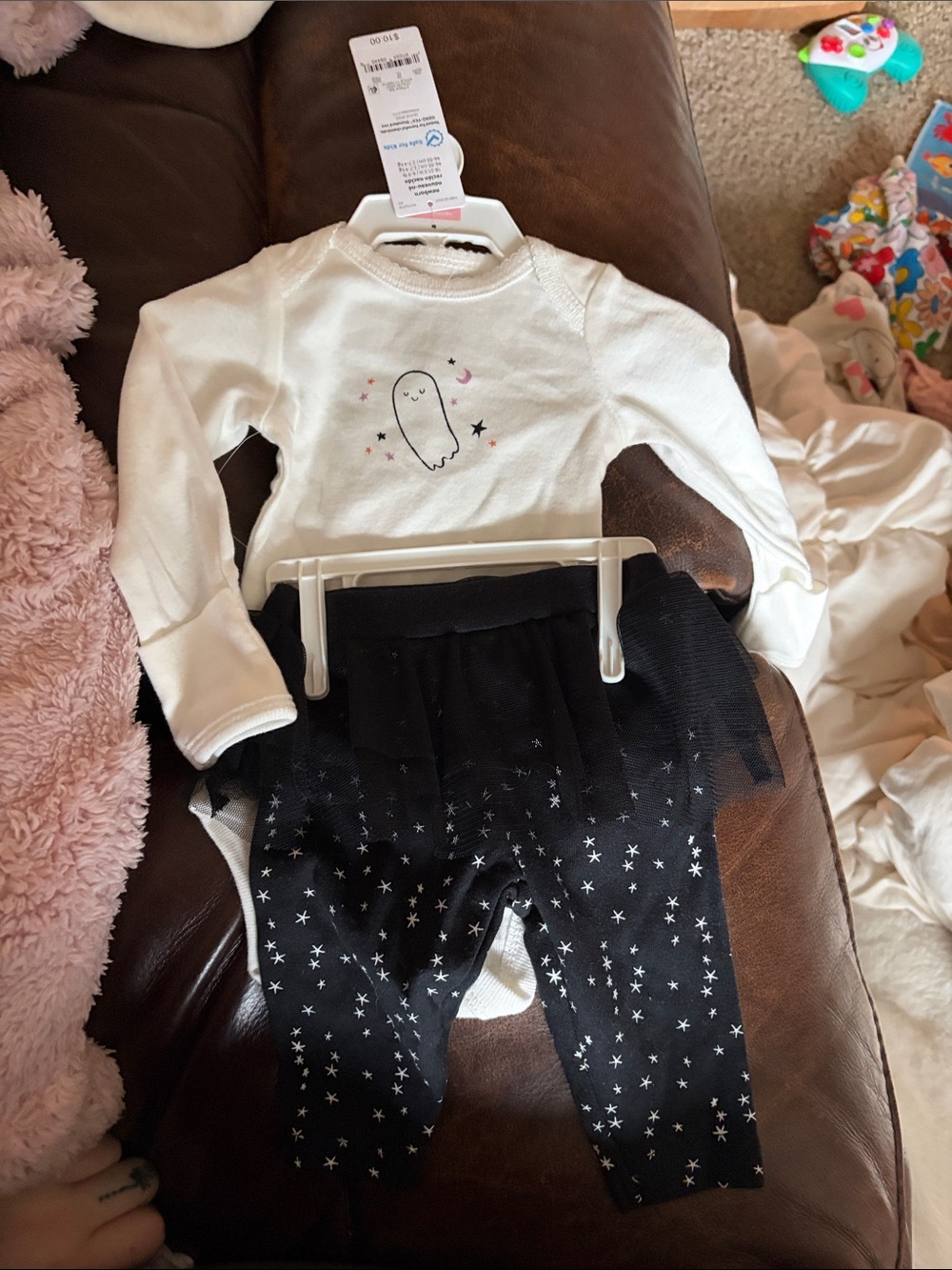Kids Two-Piece Ghost Graphic Top and Star Leggings Set - White and Black